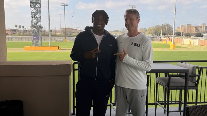 Malachi Thomas, new LSU transfer tight end and head coach Lane Kiffin