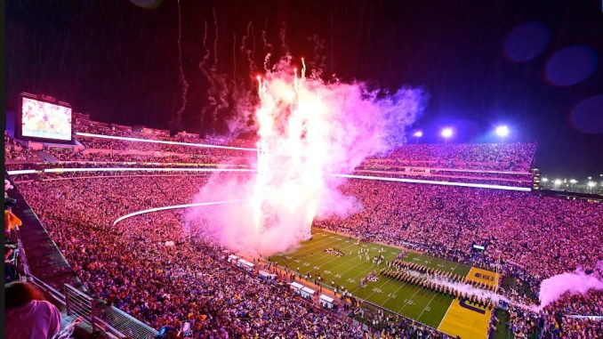 LSU football's Tiger Stadium at Night.